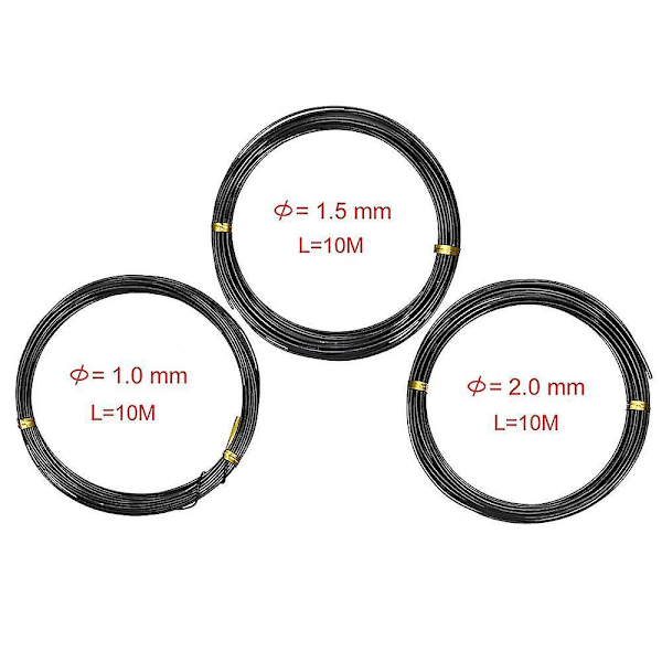 3-pakning Bonsai Tråd Bonsai Tre Trenings Tråder Anodisert Aluminium Håndverk DIY Tråder Tape For Håndverkslaging, Størrelse 1.0mm/1.5mm/2.0mm Svart