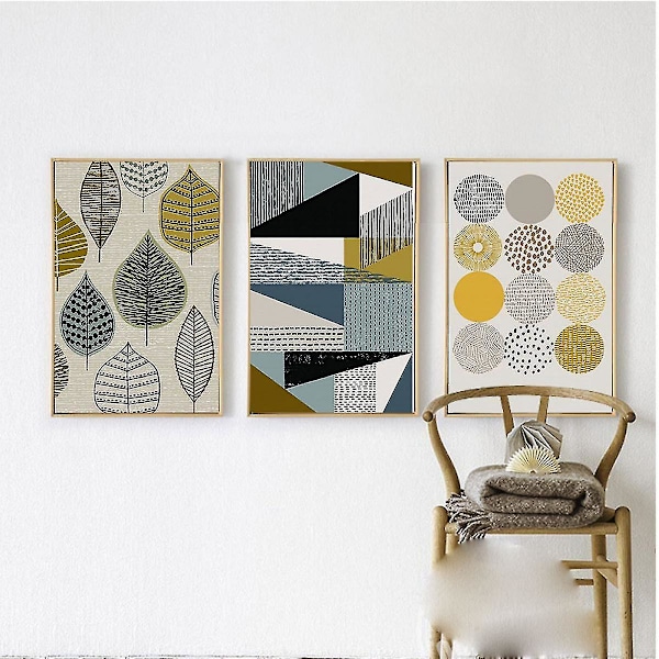 Blad och geometri väggkonst canvas tryck affisch, enkel abstrakt konst ritning dekor för hem vardagsrum sovrum kontor och barnrum (set om 3