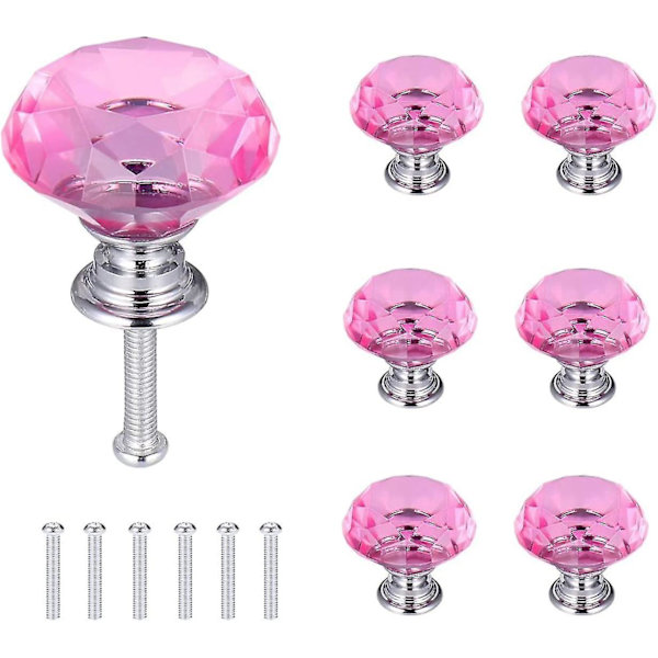 6 st kristalldörrknoppar, lådknoppar, diamantknoppar med skruvar för hem, kök, kontor, låddekoration, rosa, 30 mm