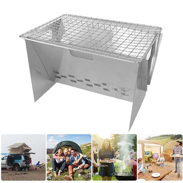 Bærbart Mini Grillstativ, Sammenklappeligt BBQ-stativ i Rustfrit Stål til Udendørs Camping Picnic Baghave, Sølv 20 x 13 x 12 cm