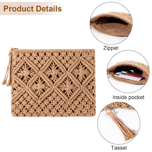 Handvävd Crossbody-väska i halm för kvinnor, bohemisk strandväska med axelrem, tofsar och dragkedja khaki