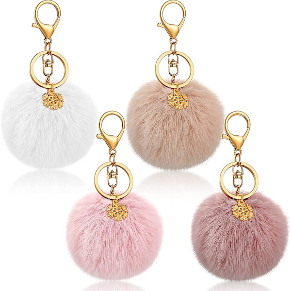 4 stk. 3 tommer Pom Pom nøglering Faux Fur Ball nøglering med snefnug charme og springringe