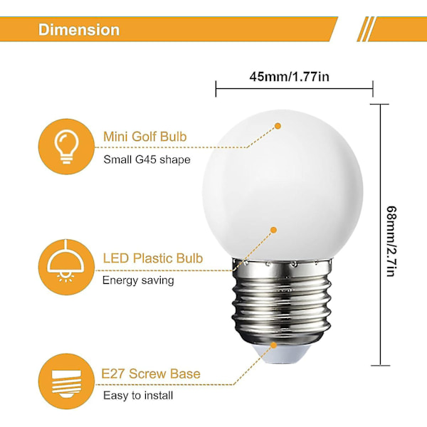 10-pack E27 G45 LED-lampor - Varmvitt 3000k - 5w G45 - Matt polykarbonatskal - Ej dimbar [energiklass G]