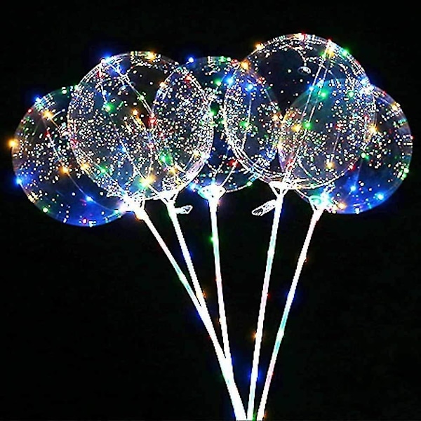 5 stk. lysende balloner, LED-balloner med pind, LED-ballon farverig, LED-balloner helium, LED farverige fe-lys.