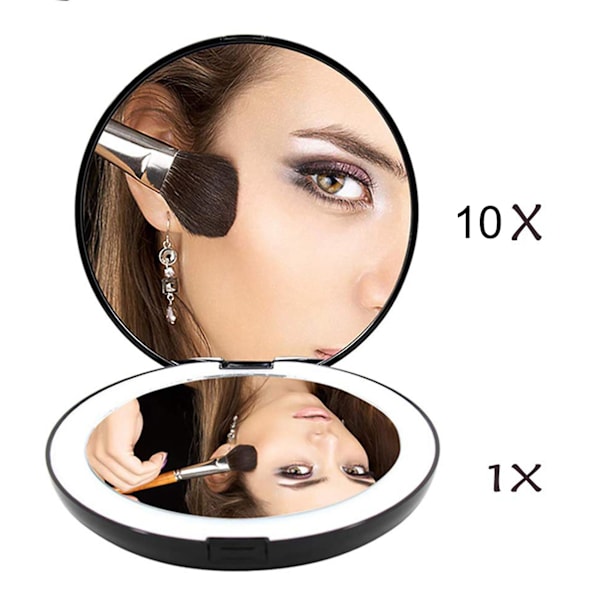 2x Bærbar Foldbar Spejl Med Led Lys Makeup Spejl, 10x Forstørrelsesglas, 12 Lampe Perle Mini Mi