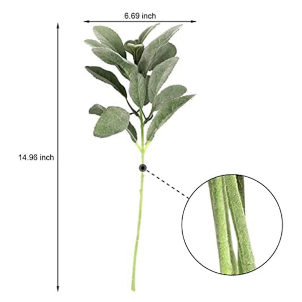 20 stj artificiella flockade gröna blad korta stjälkar, faux lammöron grönska urna fyllmedel grönska pl