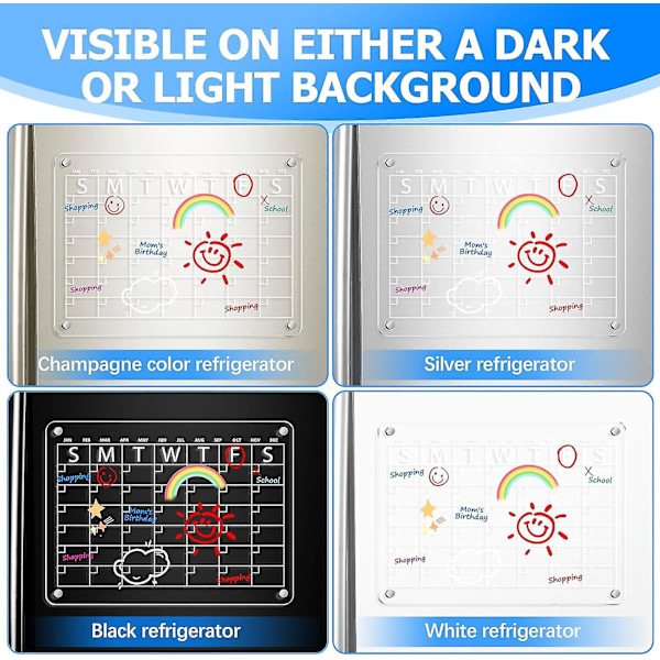 Akrylkalender för kylskåp Månatlig magnetisk kalender för kylskåp Återanvändbar raderbar tavla kalender Akryltavla för kylskåp, Inkluderar 11 våta suddgummin