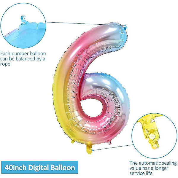 Talballoner, 40 tommer store regnbue folie mylar heliumballoner til fødselsdagsfestgradient, 6