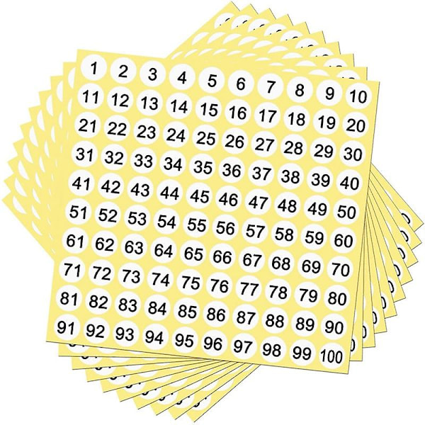 100 ark med nummerlapper klistremerker 1-100 tall runde klistremerker 0,4 tommer små selvklebende tall