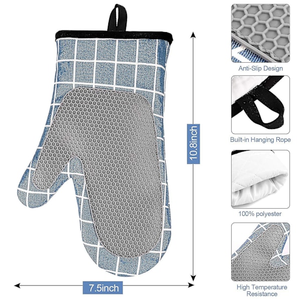 Ugnvantar, Värmebeständig Silikon och Bomull, Halksäker Silikon Design, Lämplig för Matlagning, Bakning (blå)