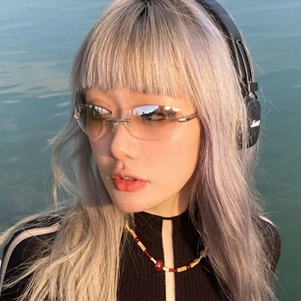 Rimless Solglasögon UV400 Glasögon för Kvinnor och Män Gradient Tea
