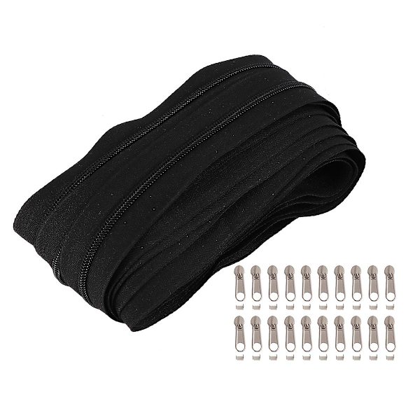 1 set nylon spiralblixtlås blixtlås kedja spole kedja fancy långa dragreglage blixtlås set för hemmet (10m lång svart blixtlås kedja+20 förtjockade draghuvuden)