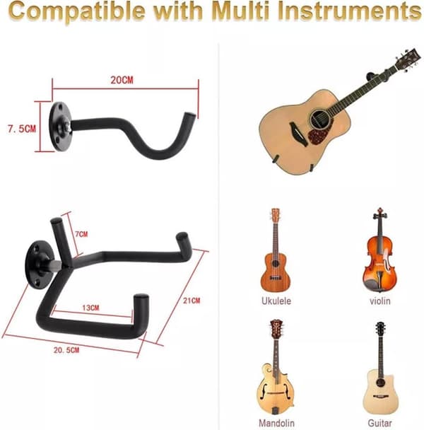 Gitarrväggfäste, horisontell metallkrok med silikonstoppning för akustisk/elektrisk gitarr, ukulele och fiol, svart