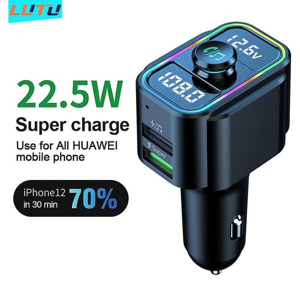 22.5W Super Hurtigopladning FM-sender Bluetooth Bilstereo Håndfri MP3-afspiller Dobbelt USB Biloplader Bluetooth-adapter