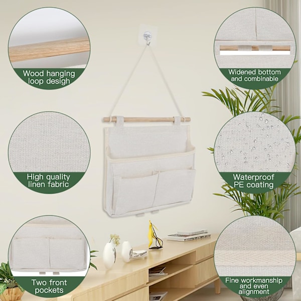 2 stk. Veggmonterte Oppbevaringsposer, Oppbevaringspose med Høy Kapasitet og Lommer, Vanntett Hengende Oppbevaring i Linstoff, Hengende Organizer (Hvit) White