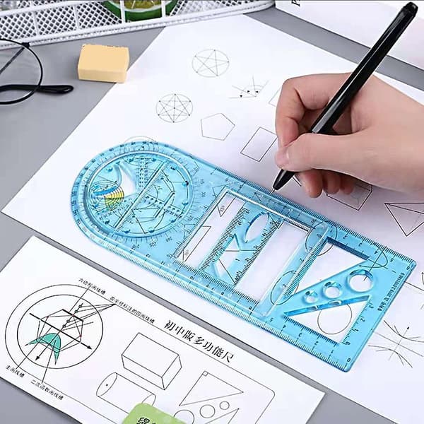 Multifunctional Geometric Ruler Geometric Drawing Template Measuring Tool for School Supplies Transparent Red Transparent Red