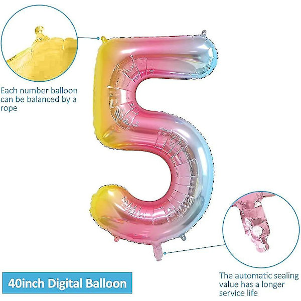 Talballoner, 40 tommer store regnbue folie mylar heliumballoner til fødselsdagsfestgradient, 5