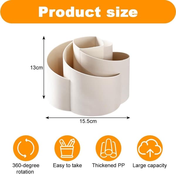 Penholder Skrivebordsorganizer, 360° Roterende, 5 Rum, PP, Til Kontor, Skole Og Hjem, Beige