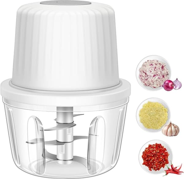 Elektrisk mini foodprocessor, USB genopladelig 2-i-1 hakker/blender, udstyret med 6 knive i rustfrit stål, 400 ml hvid.