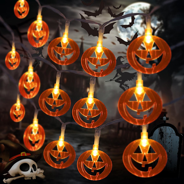 Halloween Pumpa Strängljus, 20 LED 9.8FT Vattentäta Orange Jack-O-Lantern Batteridrivna Flimmerljus