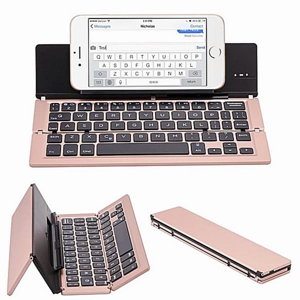 Sammenfoldeligt Bluetooth-tastatur med aluminiumslegeringshus, indbygget telefon- og tabletstativ, 58 taster til Windows, Android og iOS