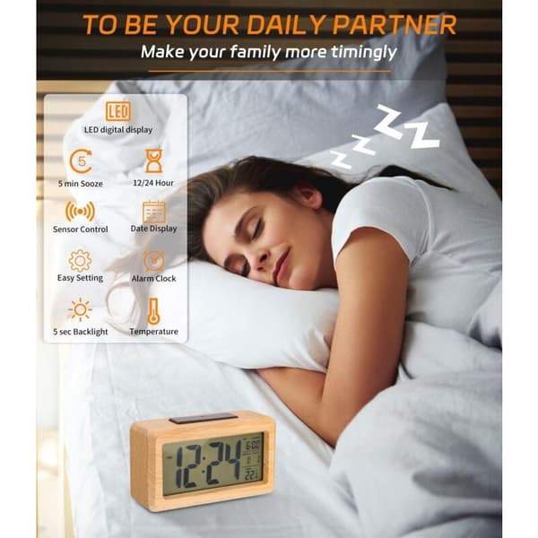 Digital väckarklocka i trä med LCD-display, datum, temperatur och snooze - Tyst, tickar inte, för sovrum, kontor