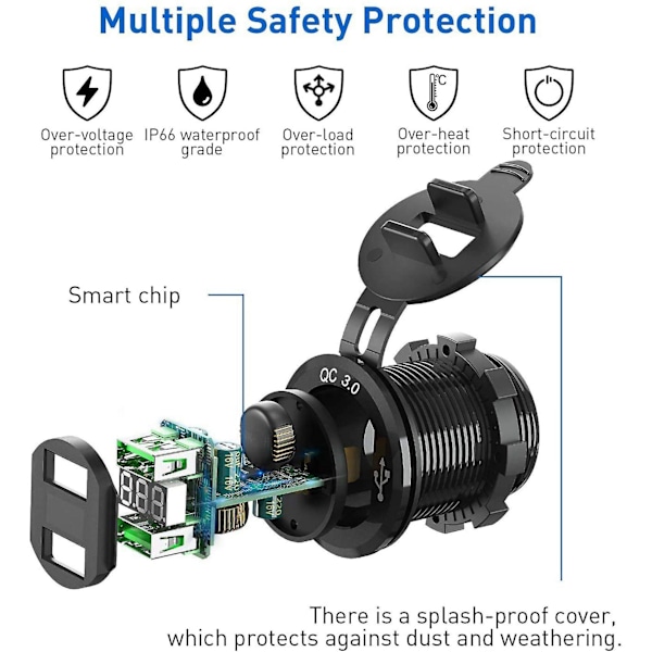 2x 12v Usb-uttak, Dobbel Qc 3.0 Usb-billader Med Bryter, 36w Usb-strømuttak Lader(med 1,1in