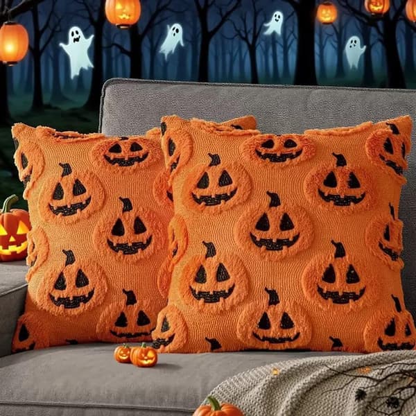 Halloween pudebetræk, blødt polyester 3D græskar- og spøgelsesmønster, sæt med 2 til sofa soveværelse festindretning, orange, 45 x 45 cm