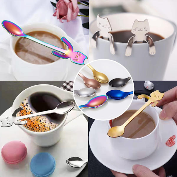 6 st set med kattformade skedar i rostfritt stål, söta teskedar för kaffe och te, hängande minikoppar, långa söta kattungeskedar för omrörning