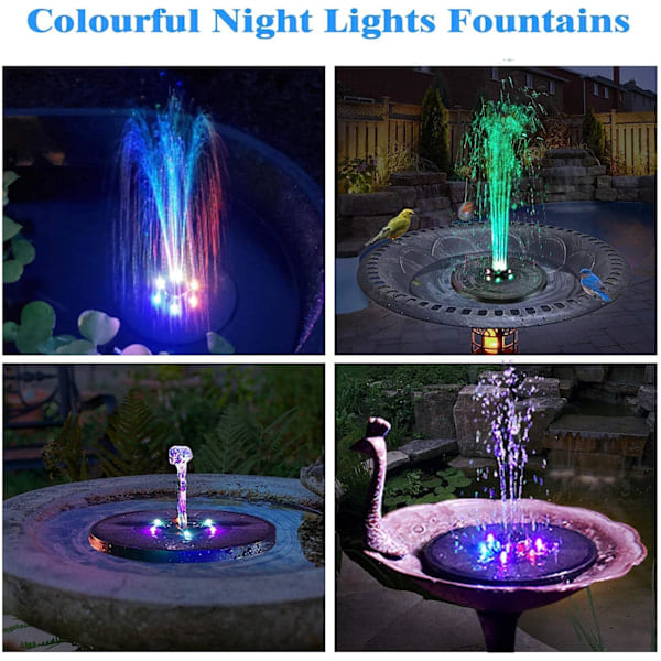Solcellefontænepumpe, Opgraderet 3W Fontæne med 7 Dyser RGB Farvelys, Udendørs Fontænepumpe med Batteri til Fuglebad Havepool