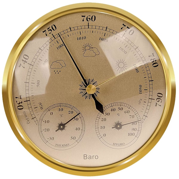 Analog vejrstation - barometer, termometer, hygrometer (guld, 128 mm) Gold