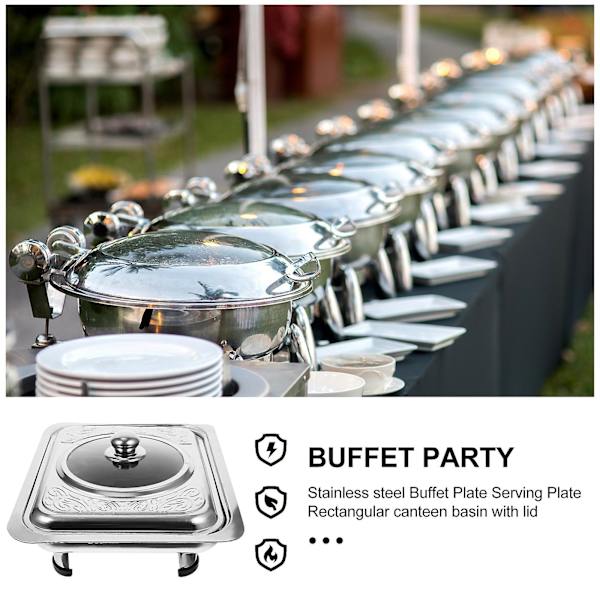 Buffet Server Rustfrit Stål Buffet Fad Bakke Rektangulær Kantine Bassin med låg