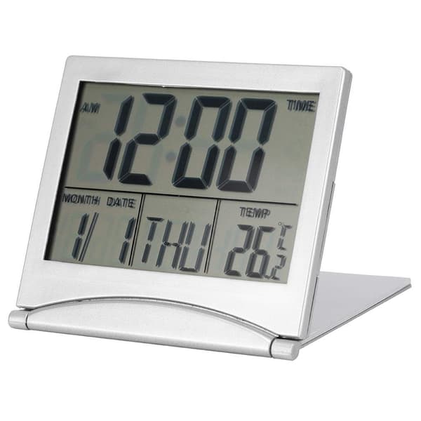 Digital LED väckarklocka med kalender, termometer, snooze-timer, hopfällbar resebordsklocka för hemmakontor, resor, silver