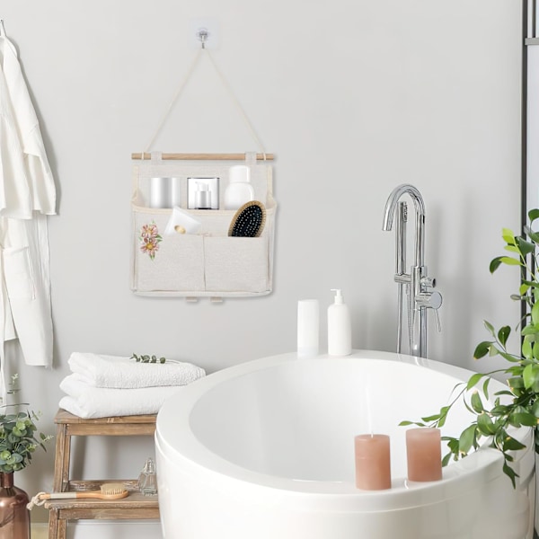 2 stk. Veggmonterte Oppbevaringsposer, Oppbevaringspose med Høy Kapasitet og Lommer, Vanntett Hengende Oppbevaring i Linstoff, Hengende Organizer (Hvit) White