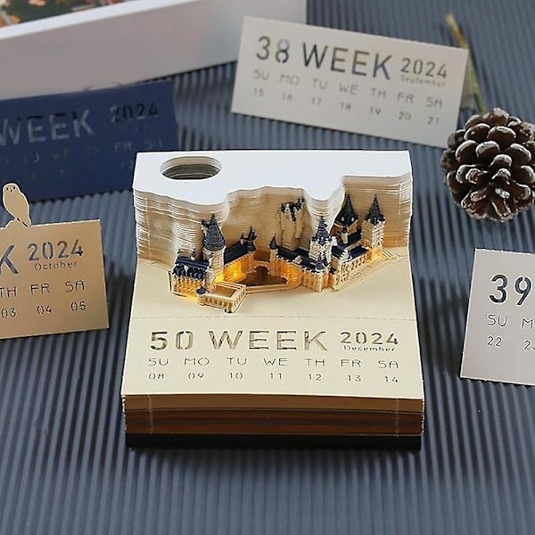 2024 Skrivbords kalender med LED-lampor, pappersutskärning 3D slott kalender anteckningsblock, riv-anteckningsblock, papper
