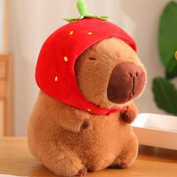 Capybara Plush, 22 cm Cute Strawberry Hat Capybara, Soft Capybara Doll Gift, Soft Brown Capybara Plush Pillow, Stuffed Capybara Gift, Home Decor