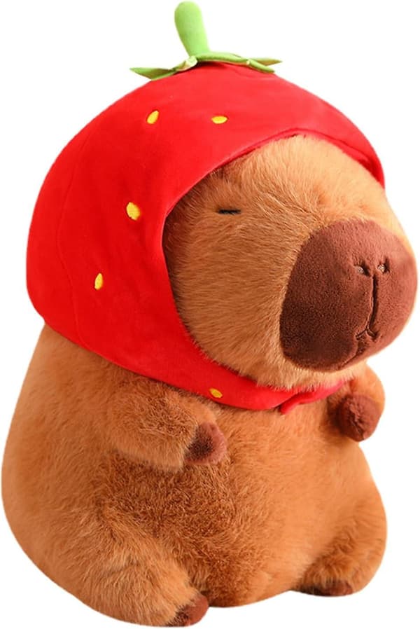 Capybara Plush, 22 cm Cute Strawberry Hat Capybara, Soft Capybara Doll Gift, Soft Brown Capybara Plush Pillow, Stuffed Capybara Gift, Home Decor