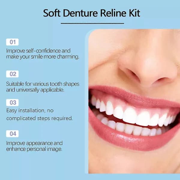 Silikondenturekit, silikondenturefoder, mjukt denturekit, övre och nedre denturekit, lätt att använda.