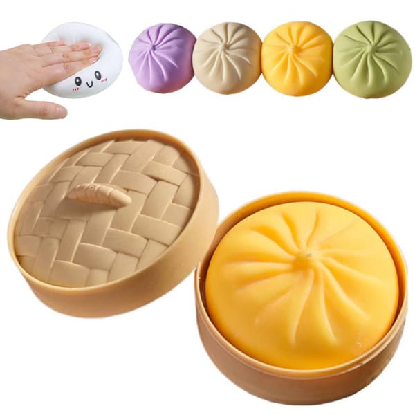 Giant Fluffy Rainbow Dumpling Toy with Steamer; Giant Fluffy Dumpling; Soft Squeezable Dough Fidget Toy (Yellow).