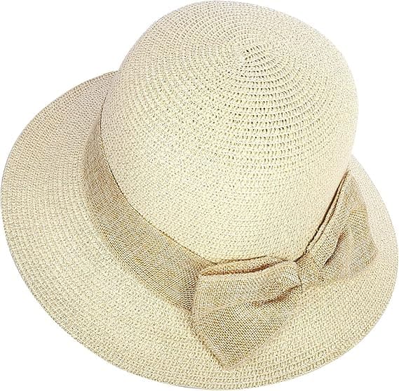 Adjustable Summer Hat for Women, Foldable, with Curly Bow, Suitable for All Occasions, Sun Hat, Sun Protection (Beige)