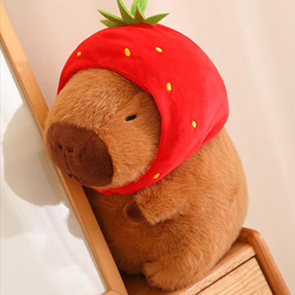 Capybara Plush, 22 cm Cute Strawberry Hat Capybara, Soft Capybara Doll Gift, Soft Brown Capybara Plush Pillow, Stuffed Capybara Gift, Home Decor