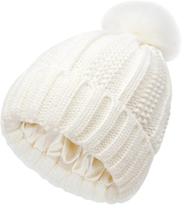 Women's Knitted Winter Hat, Hat with Fixed Pompom, Warm Satin Lining, Hat with Silk Lining, Crocheted Outdoor Hat - White