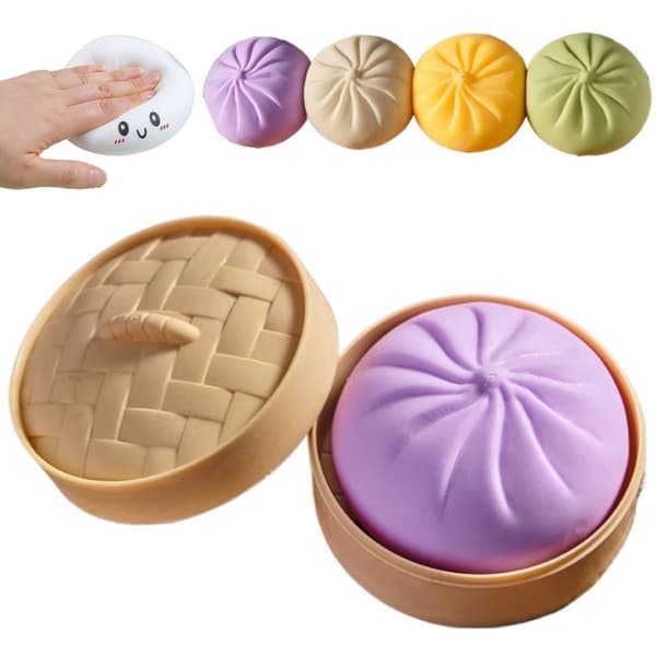 Giant Fluffy Rainbow Dumpling Toy with Steamer; Giant Fluffy Dumpling; Soft Squeezable Stress Relief Dough Fidget Toy (Purple).