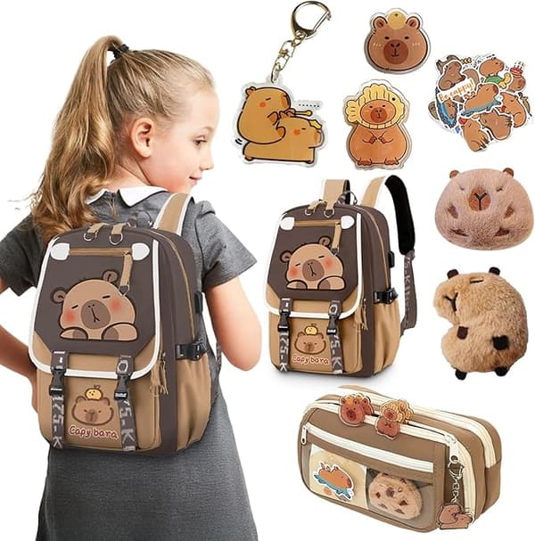 Cute Capybara, Waterproof Nylon Backpack, Includes 11 Small Gifts, Cute Capybara Shape, Cute Large Capacity Kids School Backpack