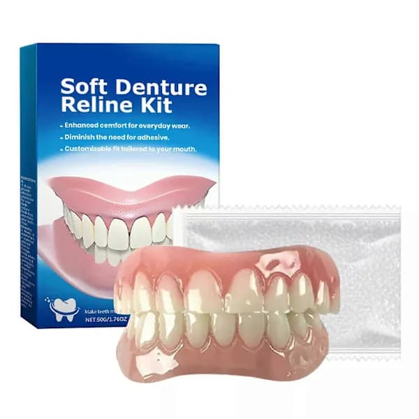 Silikondenturekit, silikondenturefoder, mjukt denturekit, övre och nedre denturekit, lätt att använda.
