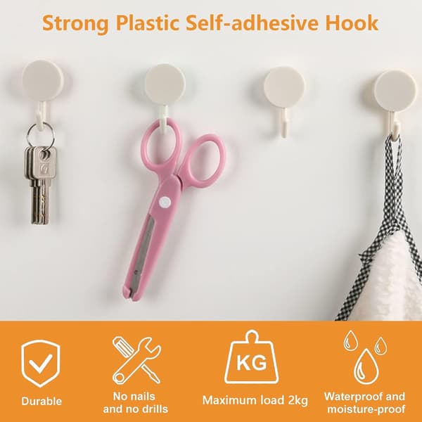 20 Pcs Black and White Self-Adhesive Plastic Hooks, Removable Wall Hangers for Bathroom, Kitchen, Office, Wardrobe, Glass