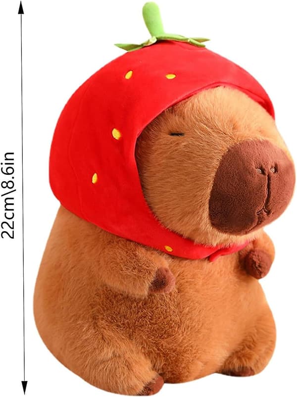 Capybara Plush, 22 cm Cute Strawberry Hat Capybara, Soft Capybara Doll Gift, Soft Brown Capybara Plush Pillow, Stuffed Capybara Gift, Home Decor