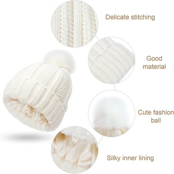 Women's Knitted Winter Hat, Hat with Fixed Pompom, Warm Satin Lining, Hat with Silk Lining, Crocheted Outdoor Hat - White