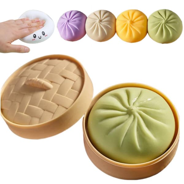 Giant, Fluffy Rainbow Dumpling Toy with Steamer; Giant, Fluffy Dumpling; Soft, Squeezable Dough Fidget Toy (Green).