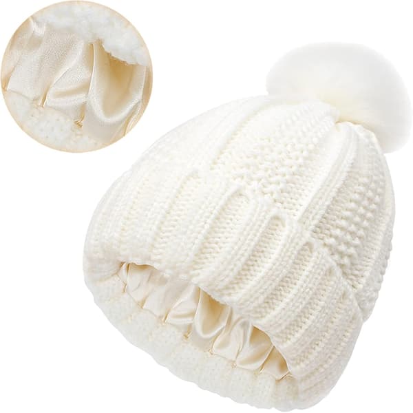 Women's Knitted Winter Hat, Hat with Fixed Pompom, Warm Satin Lining, Hat with Silk Lining, Crocheted Outdoor Hat - White